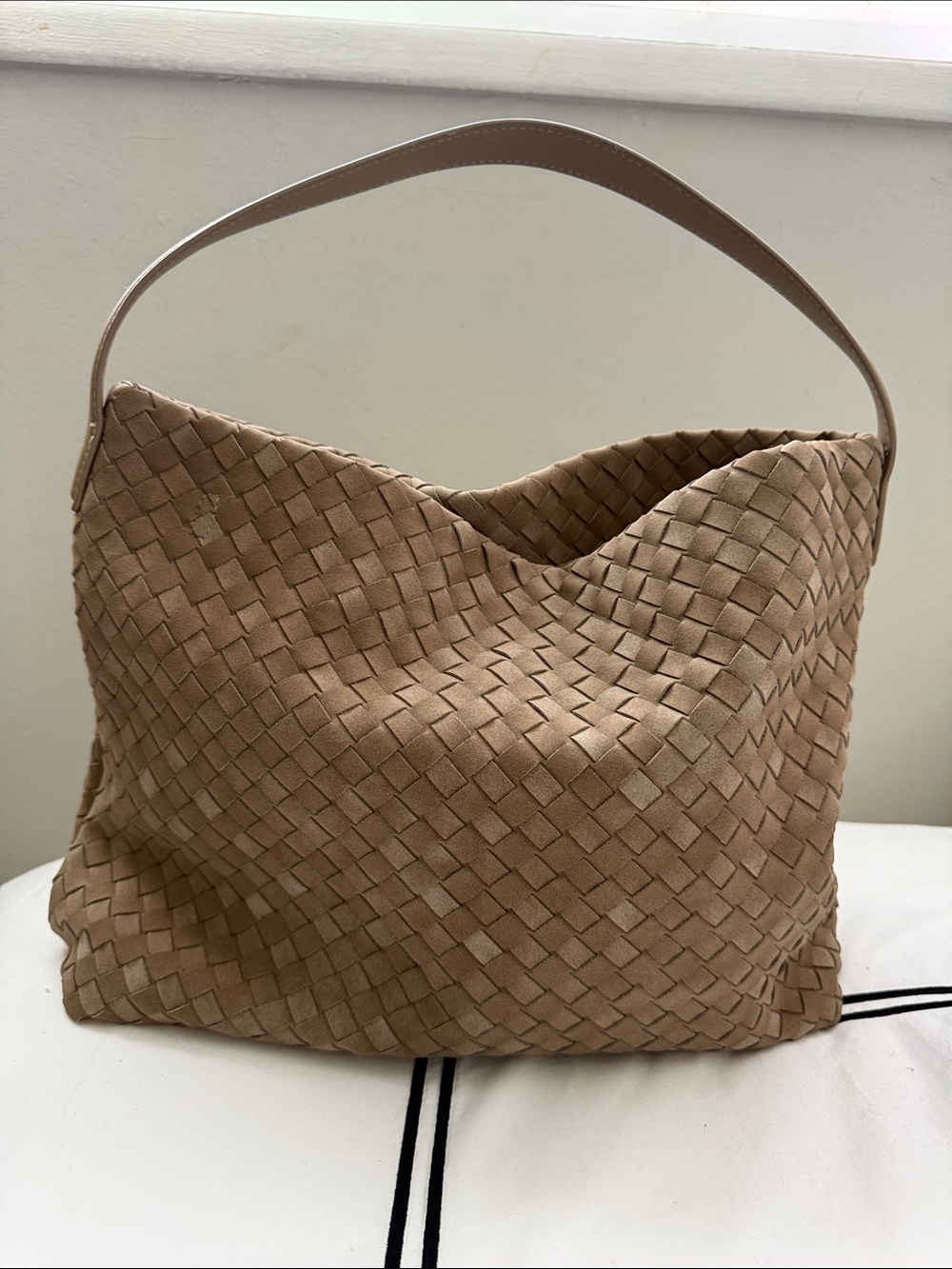 Woven Suede Shoulder Bag in Tan